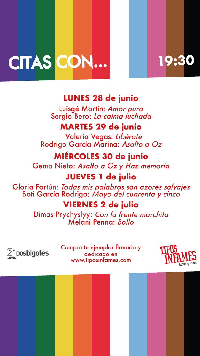 Nos unimos a la celebración del #OrgulloLGTBI 
Hemos preparado con @editorialdosbigotes una semana de#citacon las obras más literarias y bigotudas de la mano de <a href="/luisgemartin/">Luisgé Martín</a>, <a href="/serbero/">𝗦𝗲𝗿𝗴𝗶𝗼 𝗕𝗲𝗿𝗼</a>, #ValeriaVegas, <a href="/rodrigogmarina/">Rodrigo García Marina</a>, <a href="/GemaNieto81/">Gema Nieto</a>, <a href="/btcpd/">Boti García Rodrigo</a>, <a href="/DimasPrychy/">Dimas Prychyslyy</a> y <a href="/MelaniTosso/">Melani</a> #Orgullo2021