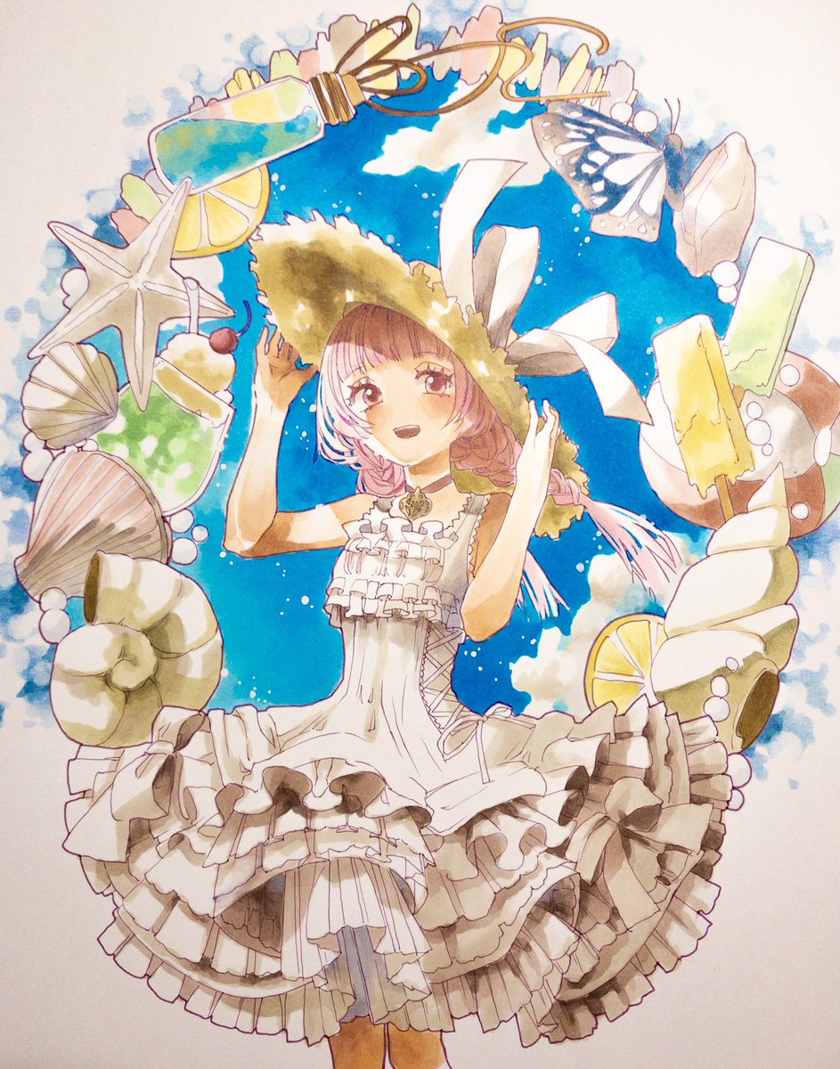 1girl hat dress solo food ice cream frills  illustration images