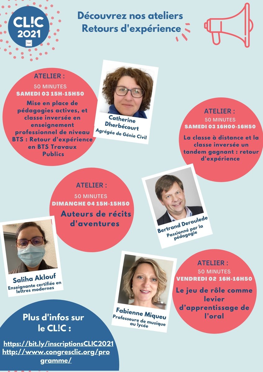 CLIC_congres's tweet photo. #CLIC2021 #RETOURSDEXPERIENCE
Écoutez les retours d'expérience fascinants du CLIC 😮
Animés par Catherine Dherbécourt, Saliha Aklouf, @FabienneMiqueu et @DROULDEBertran1
Les expériences sont une richesse 👉 https://t.co/THRxH2wHrn
Tous les ateliers 👉 https://t.co/qgwphHbAAC https://t.co/CPuUbdO9Ek