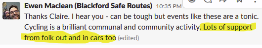 SpokesLothian's tweet photo. @magnatom 🚙<--->🚲

Lovely comments from #SaveLanarkRoad🚲protest + @magnatom

🙂Many🚙users agree #ClimateCrisis #AirPollution AND #RoadspaceReallocation

🙂Many🚲users agree🚙still often necessary

NB 70% of our members have access to both
🚲(some @cyclehire_edi)
AND
🚙(some #CarClub) https://t.co/MkWmznftyw