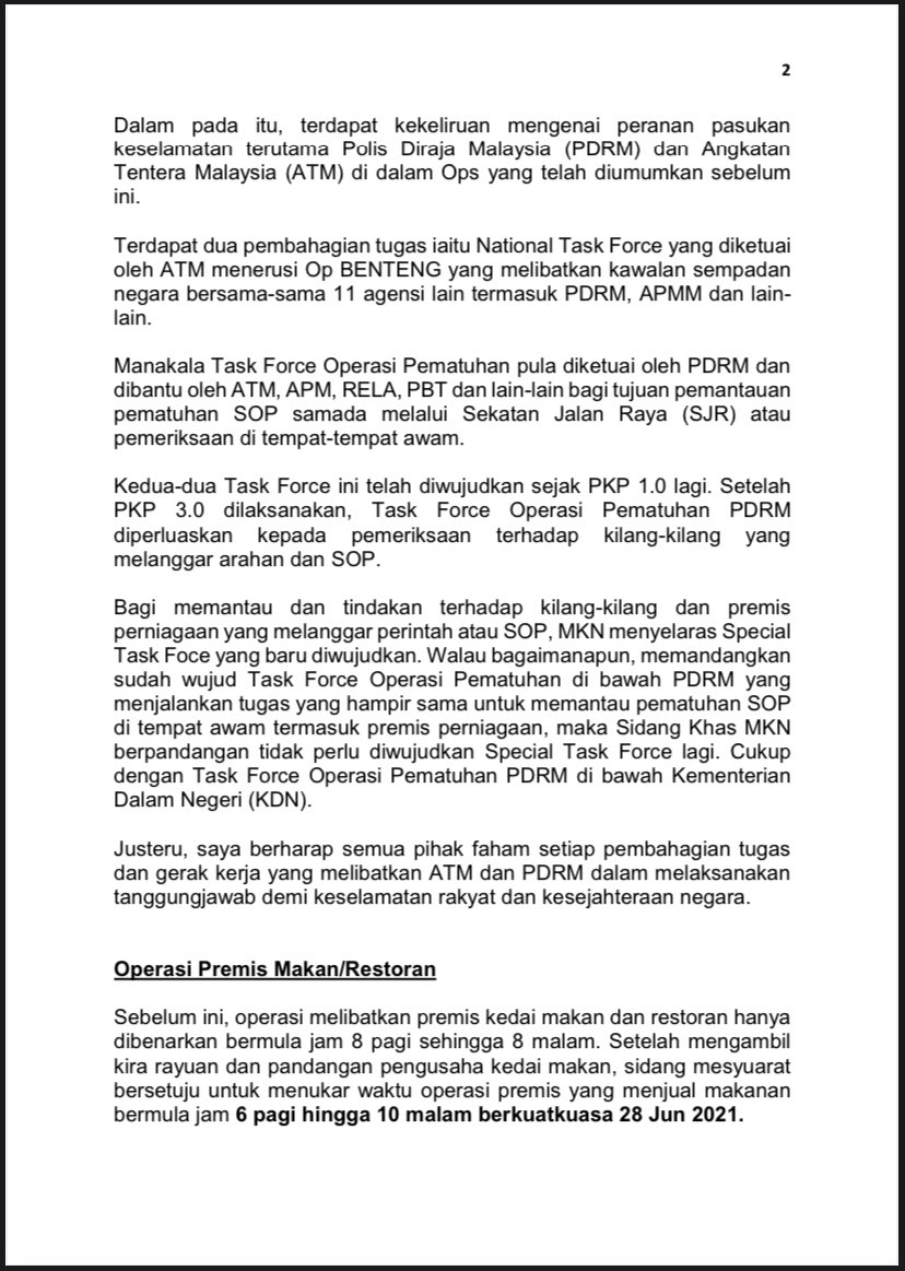 MINDEFMalaysia's tweet photo. Kenyataan Media Menteri Kanan Pertahanan Mengenai Perintah Kawalan Pergerakan (PKP) dan Perintah Kawalan Pergerakan Diperketatkan (PKPD) (27 Jun 2021)

#MinDefMalaysia https://t.co/OPBj7QqXC8