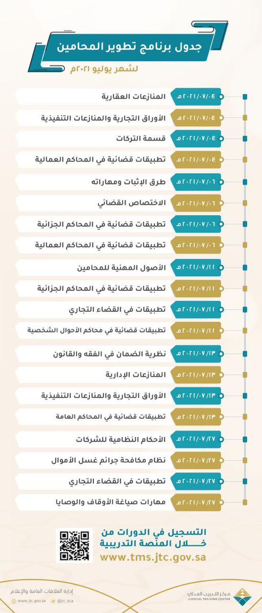 مركز التدريب العدلي On Twitter يعلن مركز التدريب العدلي عن إطلاق مجموعة من الدورات التدريبية لبرنامج تطوير المحامين والذي يستهدف تطوير المحامين الممارسين والمتدربين بمكاتب المحاماة وللتسجيل يرجى زيارة منصة التدريب الإلكترونية الخاصة بالمركز