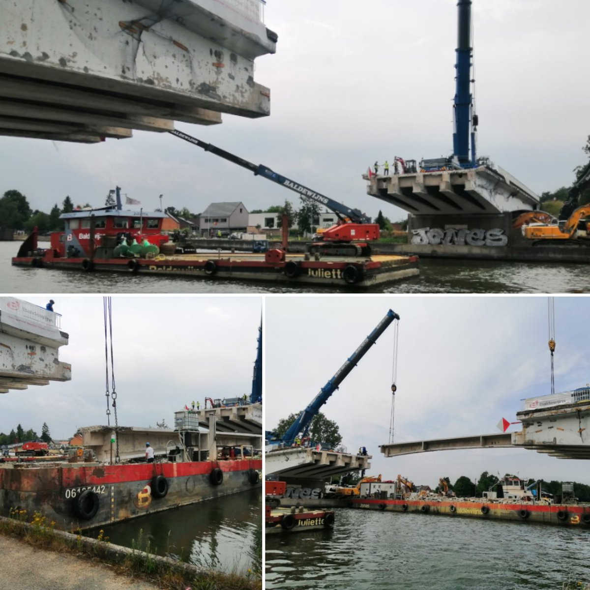 Laatste balk oude brug Kuringen <a href="/stadhasselt/">Stad Hasselt</a> ligt aan de kant. #Albertkanaal #viatalbert <a href="/ArcadisBelgie/">Arcadis België</a> <a href="/swecobelgium/">Sweco Belgium</a> <a href="/WillemenGroep/">Willemen Groep</a> <a href="/HyeNV_/">HYE NV</a>  #aelterman #frankiconstruct #baldewijns <a href="/Sarens/">Sarens</a> #Ceftransport <a href="/Vlaamsewaterweg/">De Vlaamse Waterweg</a>