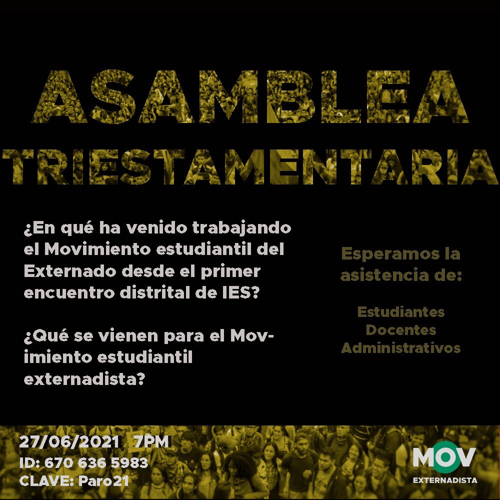 MovimientoExte1's tweet photo. Hoy a las 7 p.m. tenemos asamblea triestamentaria. Las/os esperamos https://t.co/VTmavl5tRB
