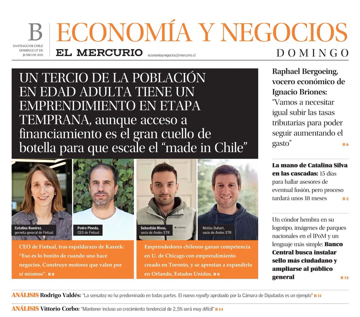 fintual's tweet photo. Catalina y Pedro de @fintual hoy en la portada de Economía y Negocios de @ElMercurio_cl https://t.co/NyFsRPob03