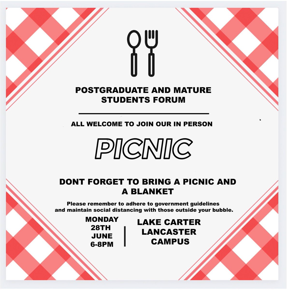LUSUmaturestud1's tweet photo. Coming up tomorrow!

Our final event of the year and our first face to face event at last !

Campus picnic - all welcome! https://t.co/kjEjyOyx31