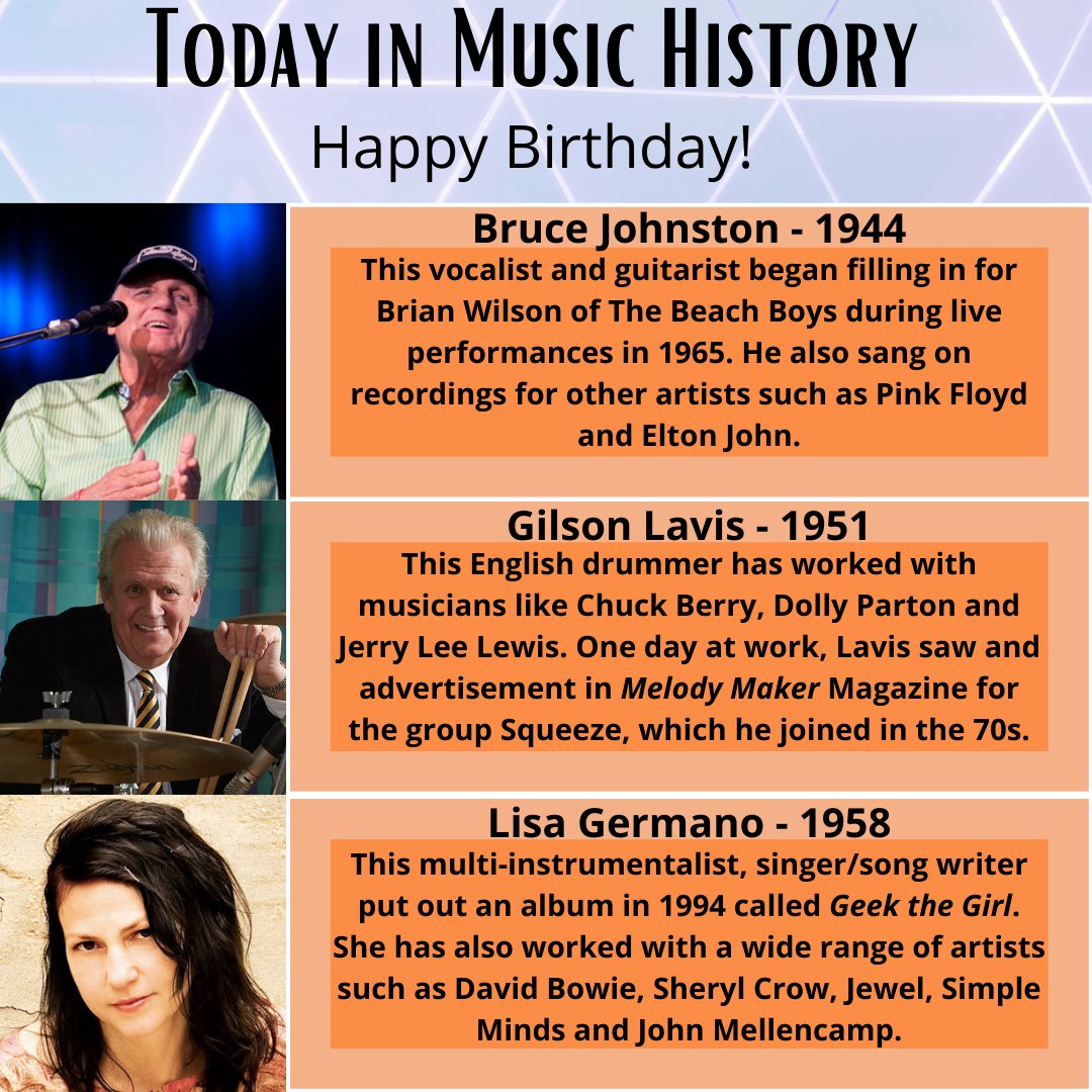 Happy Birthday to Bruce Johnston, Gilson Lavis and Lisa Germano! 