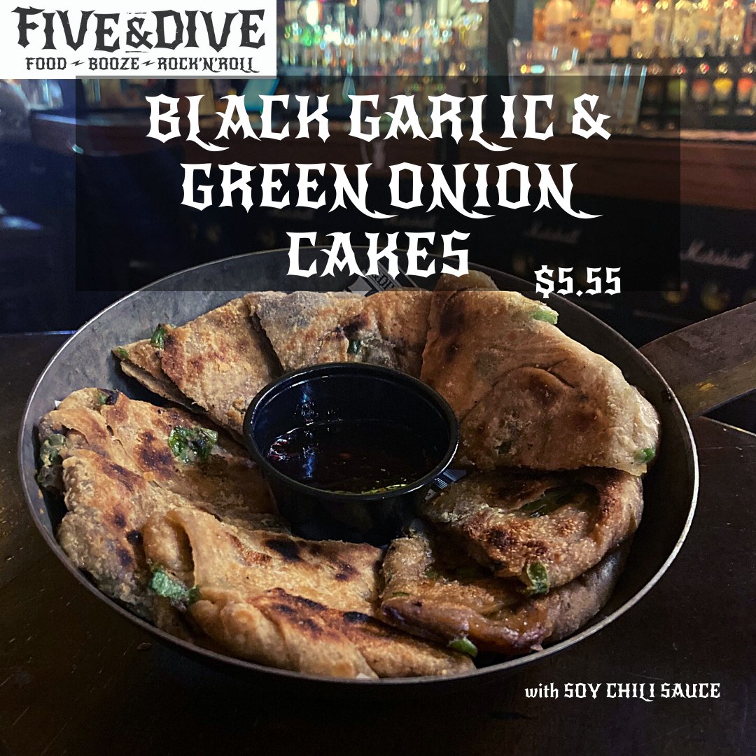 fiveanddivewem's tweet photo. Black Garlic &amp; Green Onion Cakes - made in house! Another addition to our $5.55 food menu #yeg #divebar #foodboozerocknroll #yegeats #yegfood #supportyourlocaldivebar #supportlocal https://t.co/HSwEYeg6B3