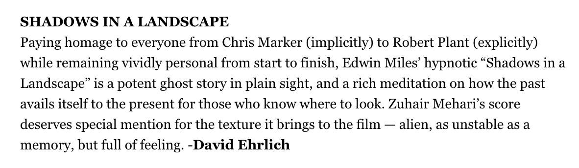 eaj_miles's tweet photo. Was absolutely amazing to win the Jury Award at @LDFilmFest for my film Shadows in a Landscape. Was even greater to also receive such kind words from IndieWire's David Ehrlich! Onto the next film now.
#experimentalfilm #landscapefilm #memoryfilm #psychogeography #birmingham https://t.co/5NJHASYKUE
