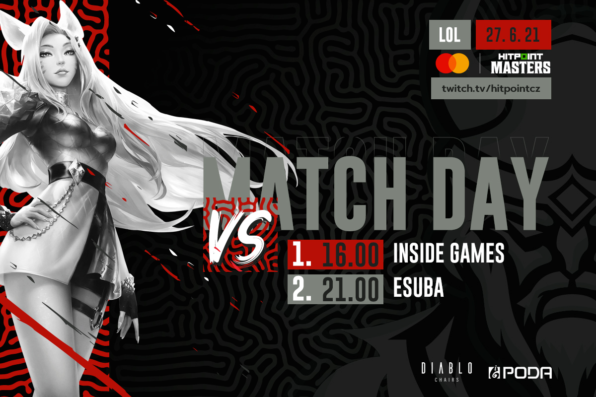 🇨🇿🇸🇰 MASTERCARD HITPOINT MASTERS
⏰⚔️ 16CEST vs. <a href="/InsideGamesCZ/">Inside Games</a> 
⏰⚔️ 21CEST vs. <a href="/esubacz/">eSuba</a> 
📺 twitch.tv/hitpointcz

❤ Powered by <a href="/diablo_chairs/">Diablo Chairs</a> + PODA VÁS BAVÍ

#VIKHYPE