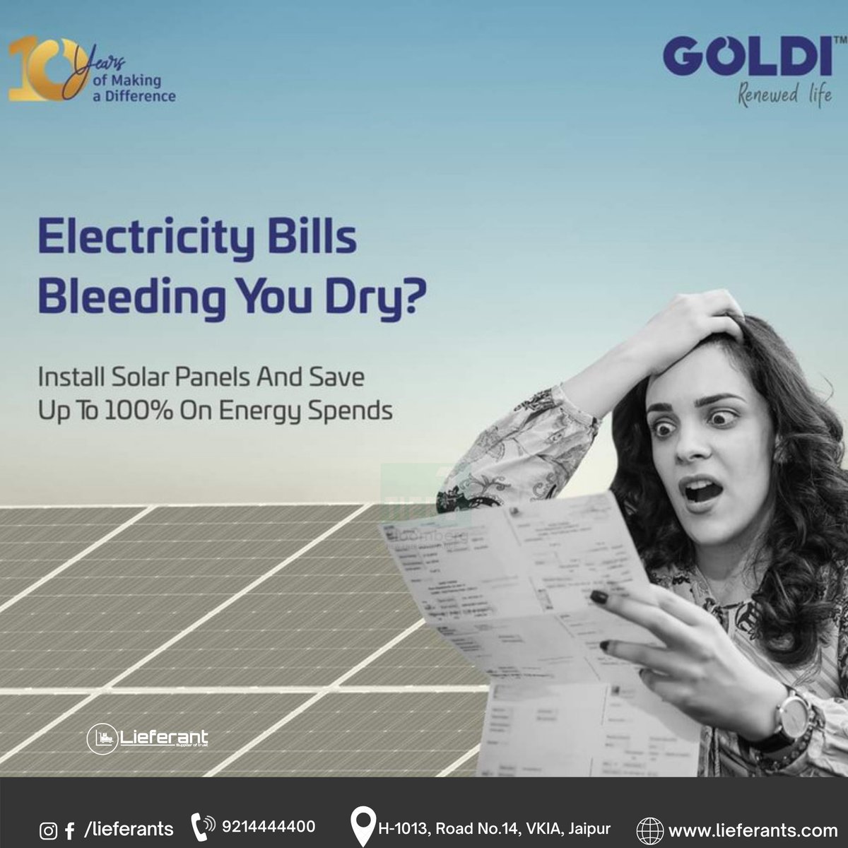 Lieferants's tweet photo. Electricity bills can take a big chunk out of your salary. Why tolerate high electricity bills when you can switch to solar?  Install Goldi Solar Panels and save 100% on electricity. Call:- 𝟵𝟮𝟭𝟰𝟰𝟰𝟰𝟰𝟬𝟬

#GoldiSolar #RenewableEnergy #SolarEnergy #GoldiSolarModules  #Choos https://t.co/dtUfWmtiOB