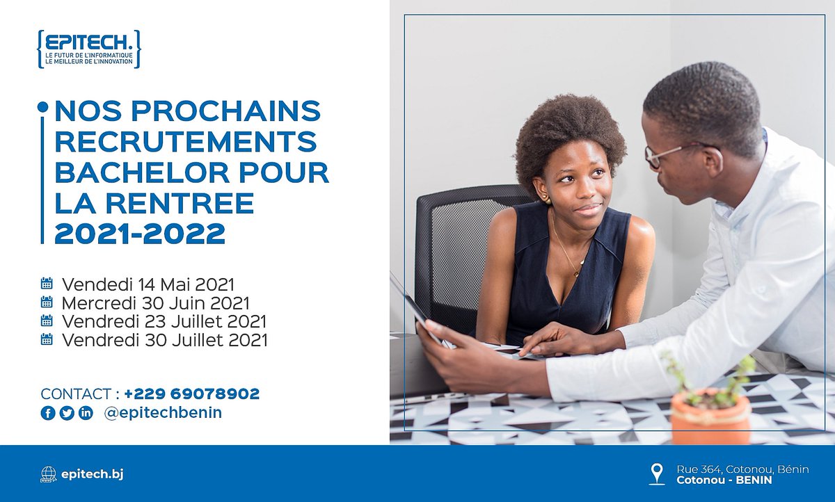 📍[#PourNosFutursBacheliers] Pour le compte de la Rentrée 2021-2022, les recrutements pour le Bachelor continuent chez <a href="/EpitechBenin/">Epitech Bénin</a>. 

♦️Retrouvez par ici les prochaines dates. 
Pour toute inscription, démarrez par ici: 👉🏾 epitech.bj/candidature_ba…

#wasexo #BeninNumerique #TT229