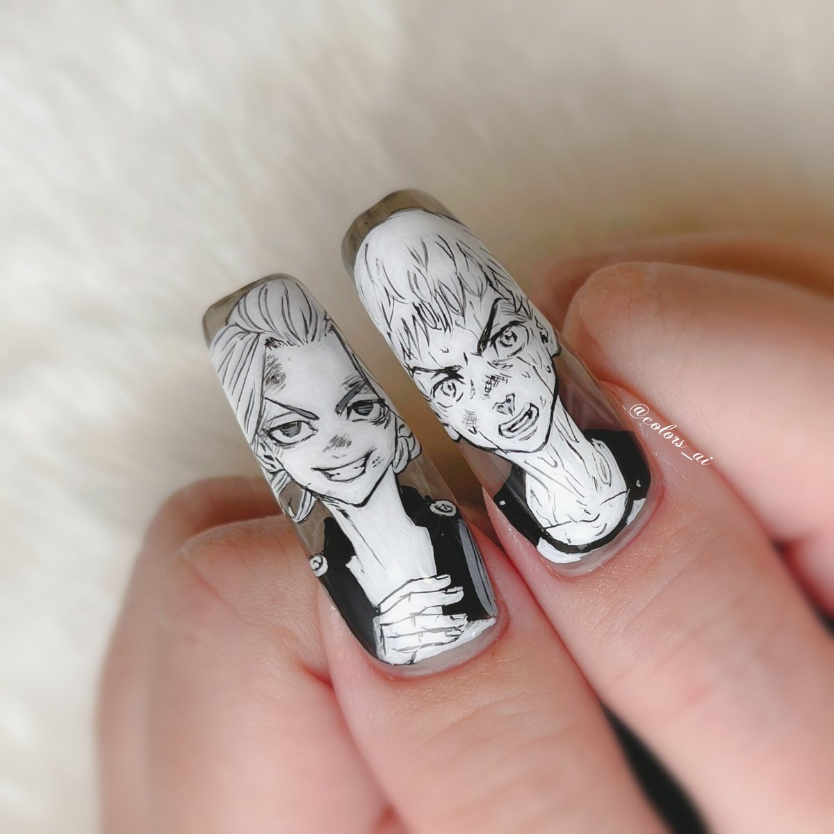 Color Sすずきあい お客様オーダー 東京卍リベンジャーズマイキー タケミッチ痛ネイル 他店スカルプにアートのみ描かせていただきました 痛ネイル