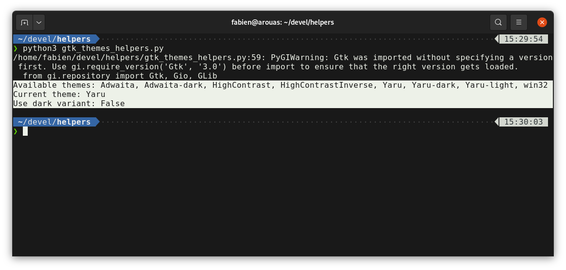 flogisoft's tweet image. If you ever need to list or to select #GTK themes from a #Python / #PyGObject application, I made some helper functions to handle that:

➡️ gist.github.com/flozz/2560bcce…

I do not know why there is no built-in function to list themes 🤷‍♂️️