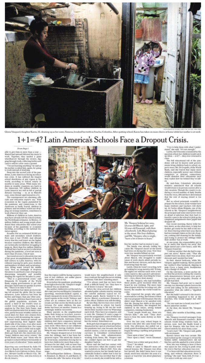 julieturkewitz's tweet photo. Today’s New York Times front page: Latin America faces an education crisis. The region is home to less than 10% of the global population, yet more than 30% of global Covid deaths. And as cases continue to soar, millions of kids are still out of school. https://t.co/lgNmIevQ1A https://t.co/wGAQNMrpYp