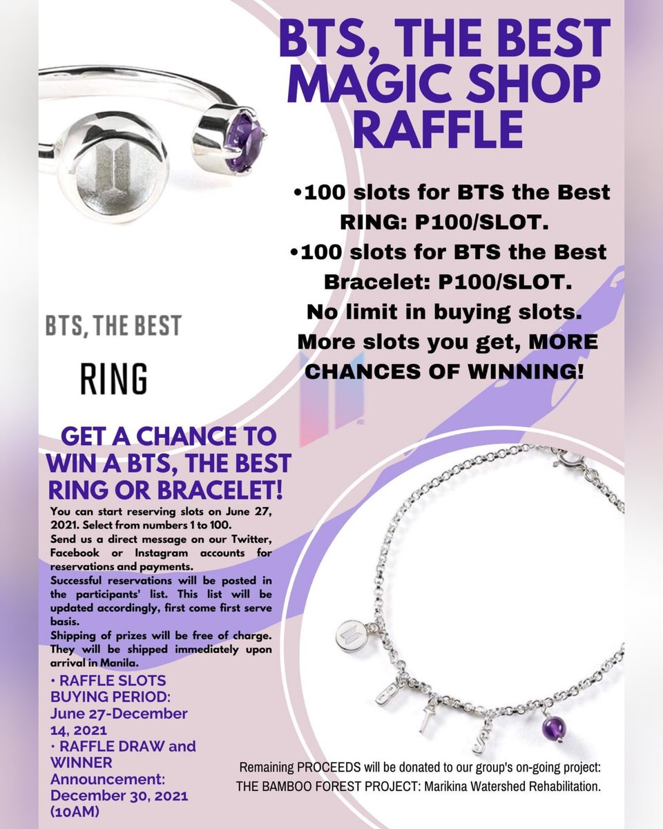 only4KTH1230ph's tweet photo. @MagicShopPh0613 Please help us spread the word 🤗 @woogasquadPH @TaehgersPh @army_cavite 💜💜💜

Get a chance to win BTS, the Best Ring or Bracelet and ALSO be able to help us further extend our project: The Bamboo Forest Project: Marikina Watershed Rehabilitation
👉https://t.co/kNkBlW9ges https://t.co/ef584goG4t