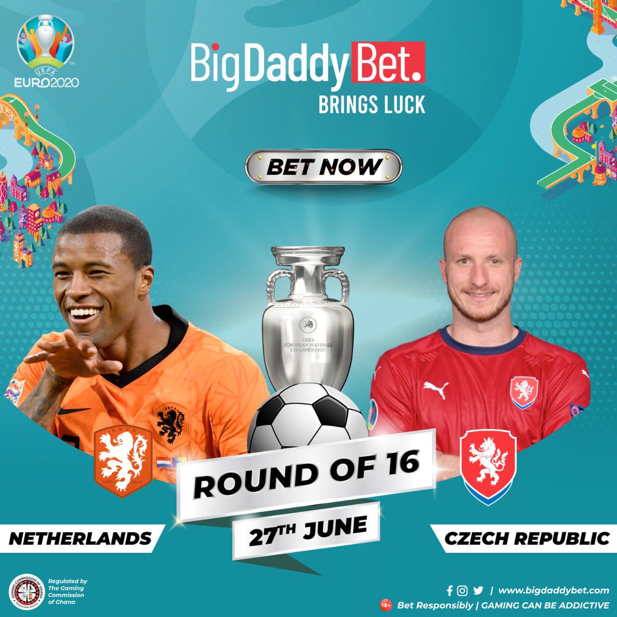 BigDaddyBetGh's tweet photo. A Netherlands outfit arguably exceeding expectations under Frank de Boer prepare for battle in the last-16 stage of Euro 2020 as they take on the Czech Republic at the Puskas Arena today evening. https://t.co/UGw2sXENzR #Euro2021 #WinBig #BestOdds #Bet #BringsLuck https://t.co/C5jYeKIJKJ
