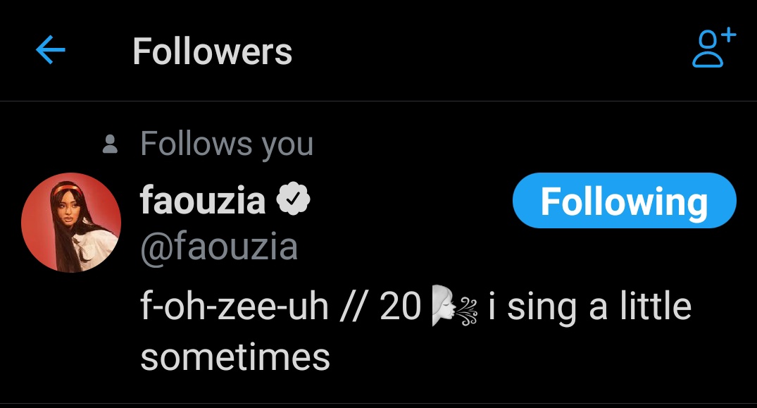 MiniFawn's tweet image. FAOUZIA JUST FOLLOWED ME Y'ALL