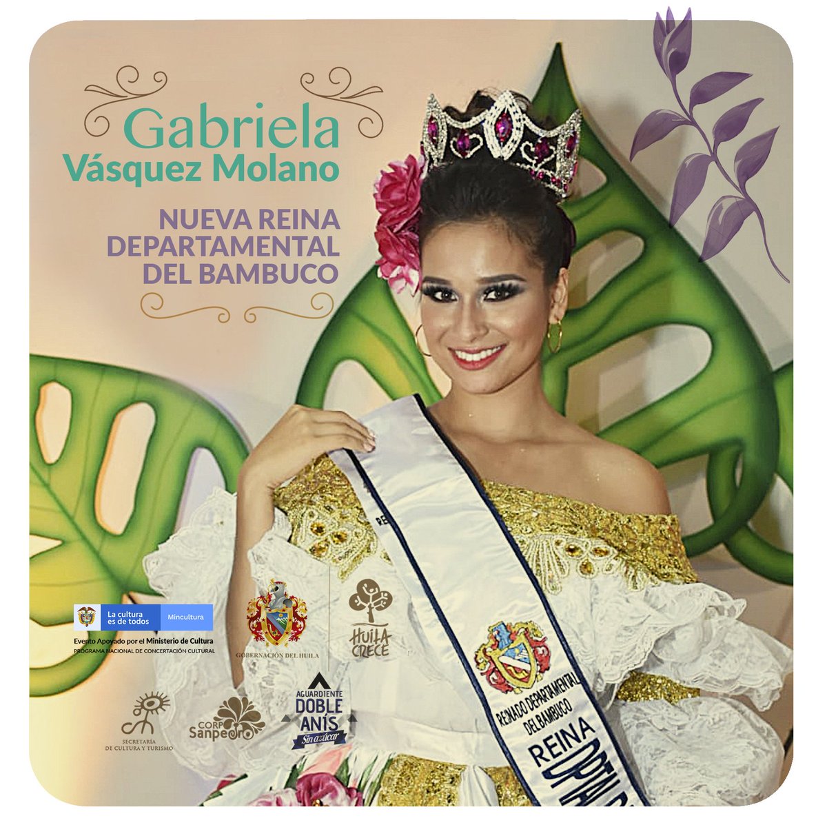 #FestivaldelBambuco  Gabriela Vásquez Molano, del municipio de Garzón es la nueva Reina Departamental del Bambuco.

¡VIVA EL FESTIVAL! 🎉🎉🎉🎉
¡El Huila Crece con Cultura! 🌳😍