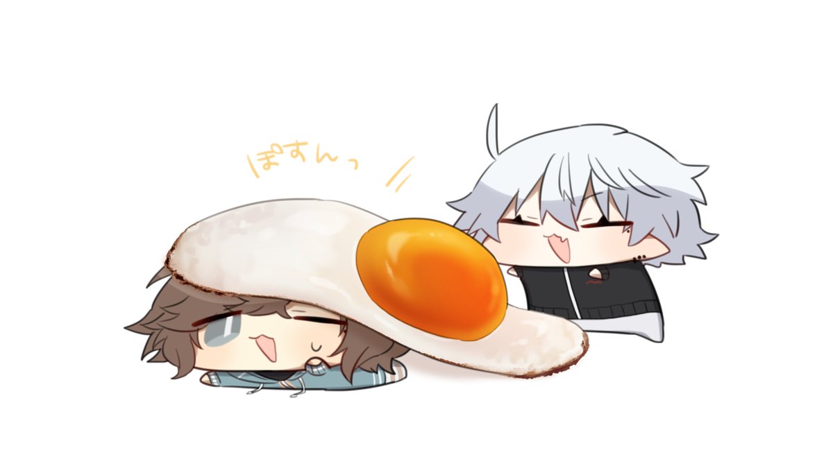 kuzuha (nijisanji) multiple boys fried egg male focus jacket egg (food) chibi grey hair  illustration images