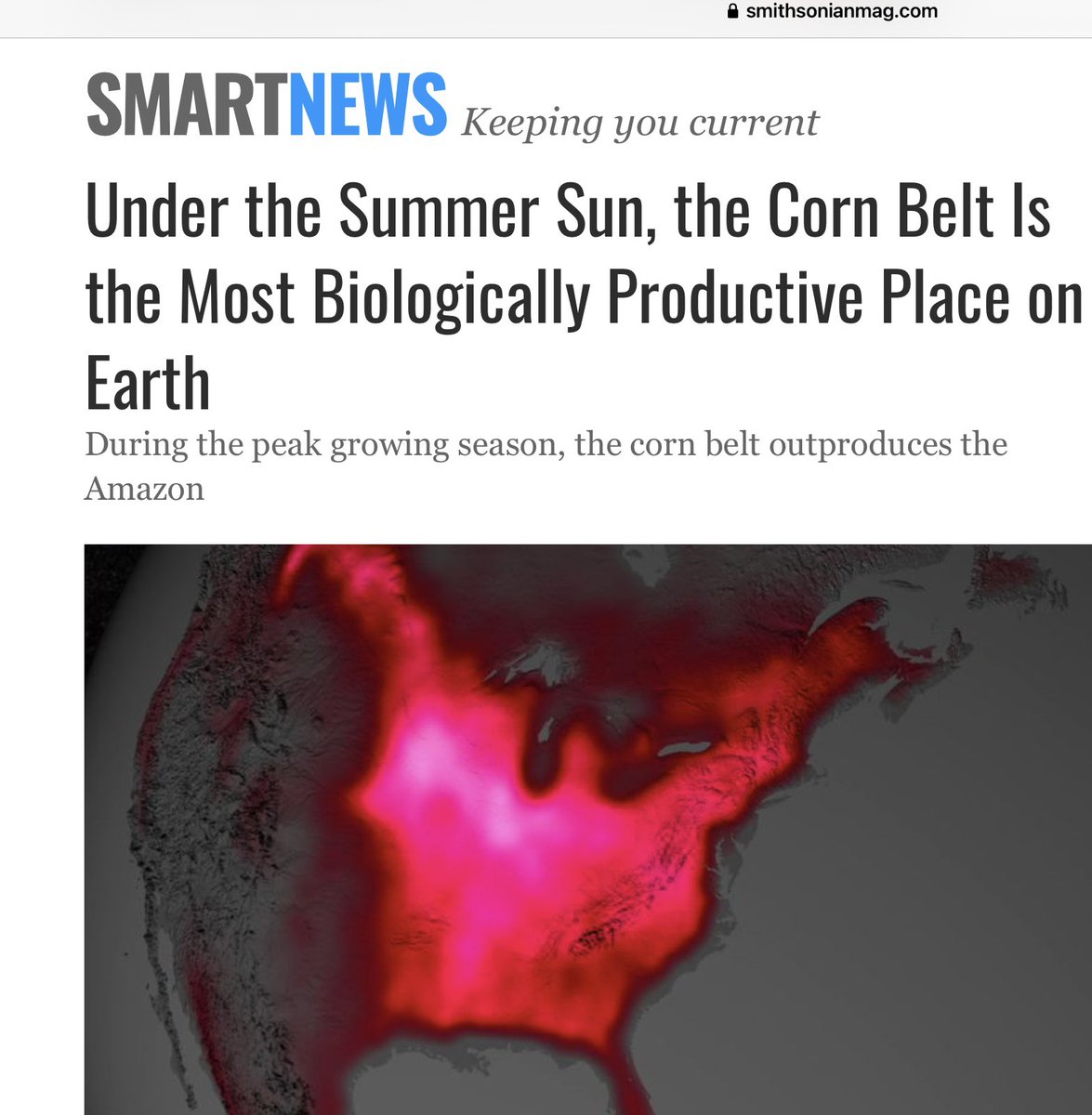 wardynmi's tweet image. This is the time of the year when the midwest becomes a huge carbon sucking, oxygen producing machine.  At the peak of the growing season, says NASA, the Midwest U.S. corn belt is the most productive place on Earth—there's more photosynthesis going on here than even in the Amazon