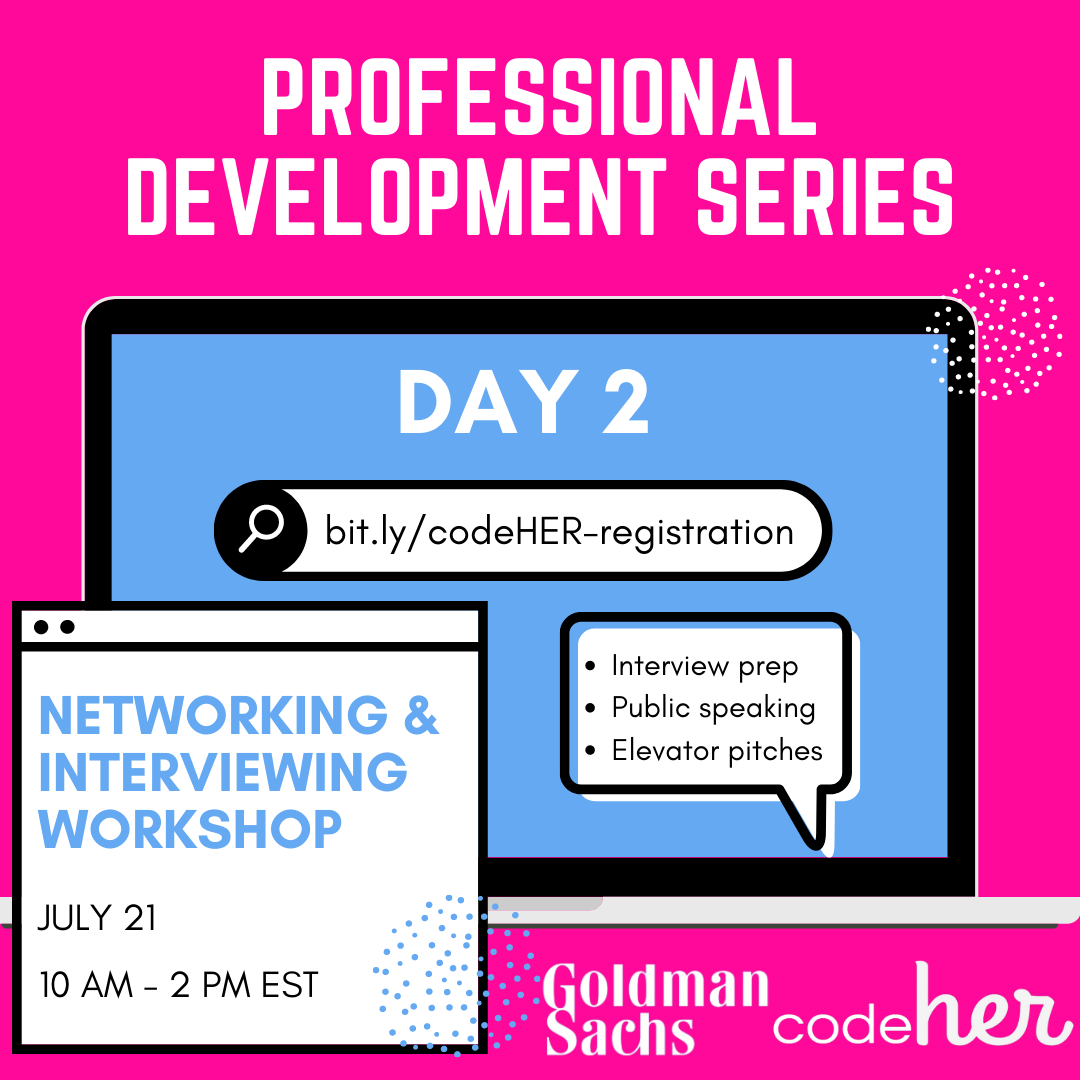 codehergirls's tweet photo. Sign up for our #Networking and #Interviewing #Workshop on July 21, 2021, from 10 AM EST - 2 PM EST! Learn how to deliver elevator pitches, network, and participate in mock job interviews with #GoldmanSachs &amp; #codeHER employees! 

Launch your career today with this free workshop! https://t.co/qZ3mSkoQHK