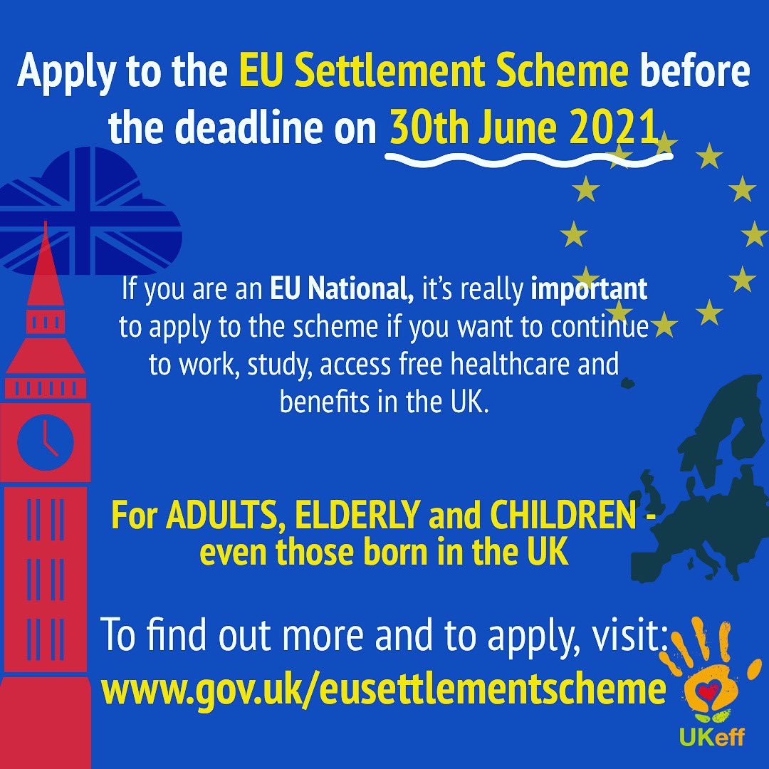 Are you an EU, EEA or Swiss citizen? 

❌Deadline: 30 June 2021❌

gov.uk/settled-status…

#eusettlementscheme #oldham #oldhamhour @oldham_ukeff @RochdaleWomen @saimanadim24 @BameConnect @naziarehman0876 @QulzamB @SupportSawn