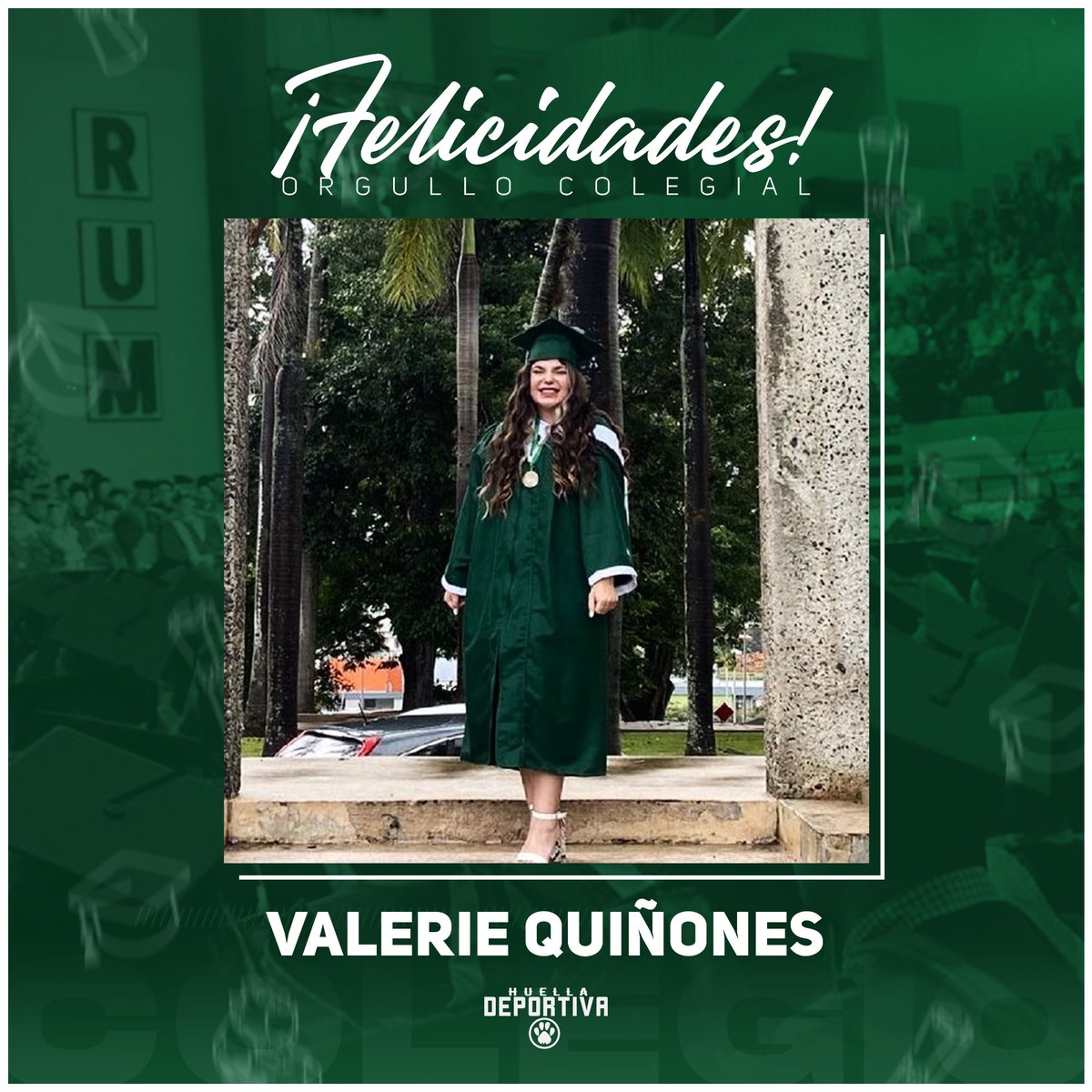 DeportivaHuella's tweet photo. ¡Felicidades Valerie Quiñones en tu #GradRUM108! 👩‍🎓💚🐶 

Valerie, gracias por ayudarnos con la fanaticada Colegial en nuestro departamento de Enhance The Experience. ¡Éxito CAAMpeona! 🎉 https://t.co/I24dZuxnDr