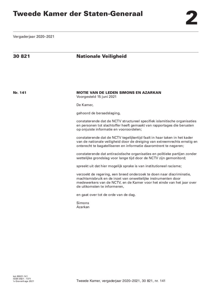 stemmingen's tweet photo. Motie van de leden @SylvanaBIJ1 (BIJ1) en @F_azarkan (DENK) over een breed onderzoek naar discriminatie en de inzet van onwettelijke instrumenten (30821-141) 

Vindplaats: https://t.co/oGwAd0ZVGl

Stemming: Verworpen

#NCTV #Discriminatie #Instrumenten https://t.co/AbB4Xqdxpp
