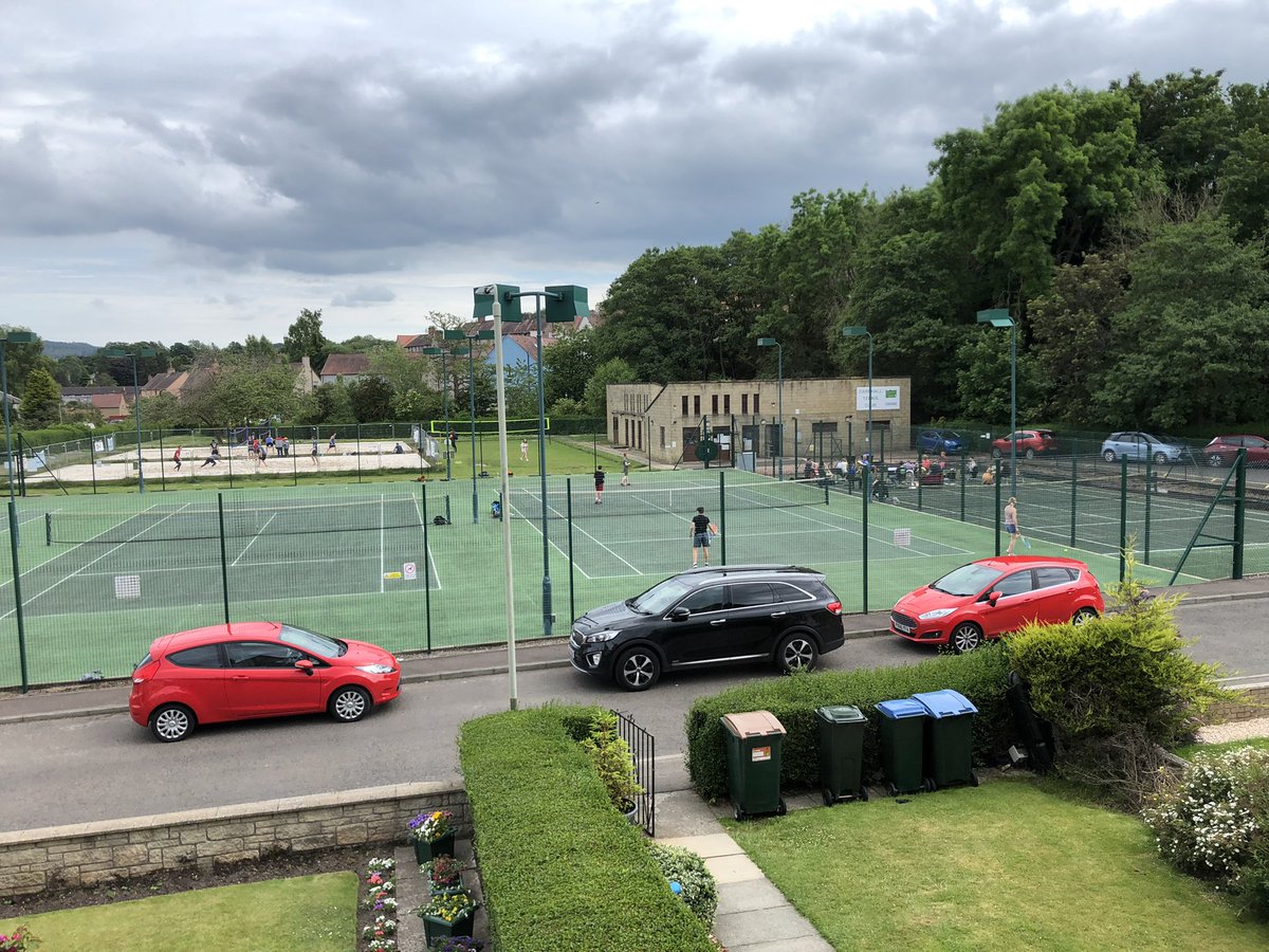 PerthDarnhallTC's tweet photo. Busy at Darnhall today. Tennis, beach volleyball and, yup, that’s Perthshire Brass doing their thing on the old Court 4! https://t.co/ekealL3CNI