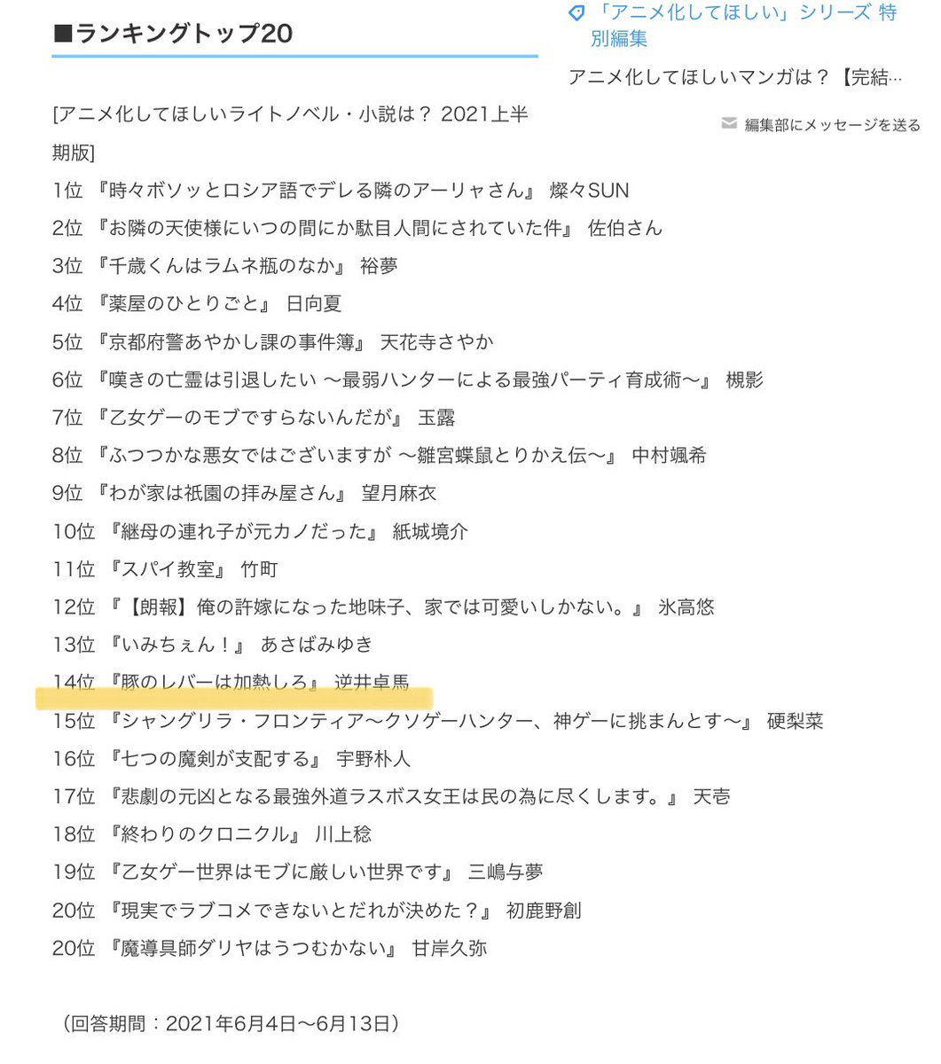 「アニメ化してほしいライトノベル・小説は?(2021年上半期)」アンケートにて豚レバがランクインしていました……!
投票してくださったみなさんありがとうございます😭😭😭
ジェスたそのタペストリーを家に飾る夢が叶ってしまったので、次はアニメ化の実現を目指して頑張りたいと思います🔥🐖🔥 https://t.co/v1nb161lg7 