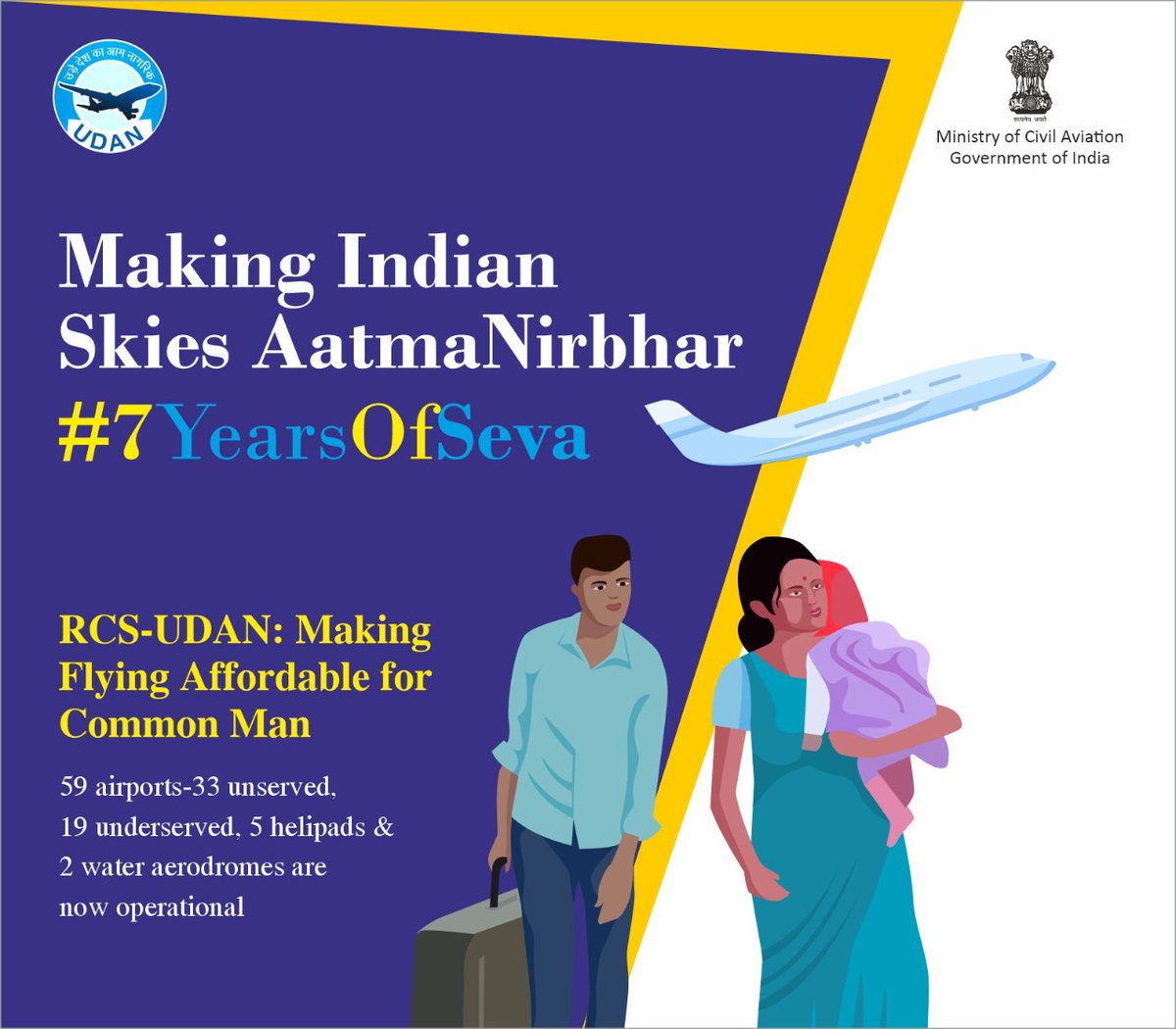 MoCA_GoI's tweet photo. Making Indian Skies AatmaNirbhar! 

RCS-#UDAN: Making Flying Affordable for Common Man. 59 airports-33 unserved, 19 underserved, 5 helipads &amp; 2 water aerodromes are now operational. 
#7YearsOfSeva https://t.co/Dm3PayaPf7
