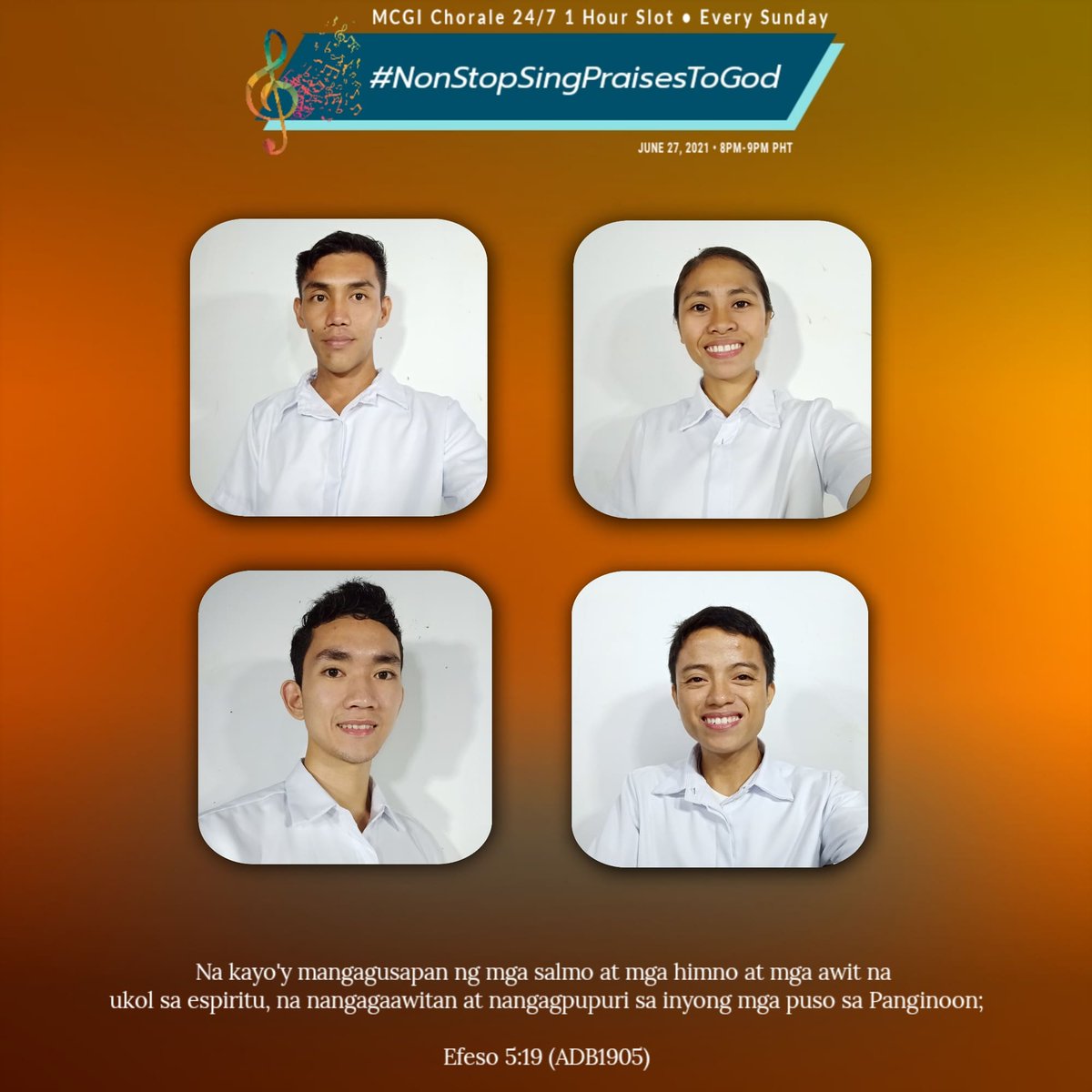 iamJYD's tweet photo. #NonStopSingPraisesToGod
June 27, 2021 • Sun • 8pm-9pm

Na kayo'y mangagusapan ng mga salmo at mga himno at mga awit na ukol sa espiritu, na nangagaawitan at nangagpupuri sa inyong mga puso sa Panginoon;

Efeso 5:19📖 (ADB1905)

TO GOD BE THE GLORY!! ♥️🎶✨💕 https://t.co/kvsH2c3GZS