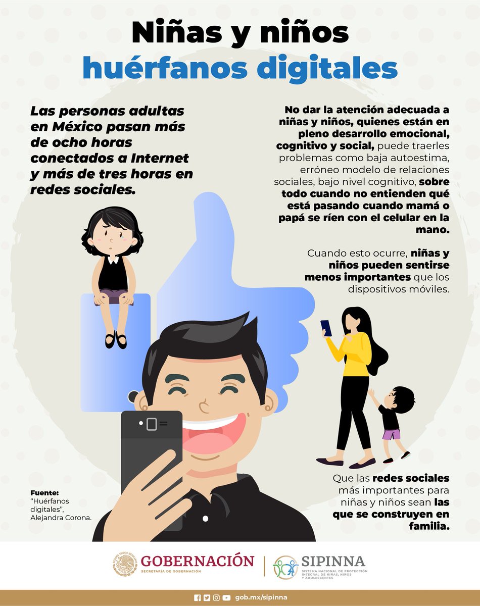 SIPINNA_MX's tweet photo. ¿Mamá, papá cuanto tiempo dedicas a revisar tu teléfono? 🤔  Niñas, niños y adolescentes necesitan de atención y tiempo con las personas que les quieren, para ellas y ellos éstas son sus principales redes sociales. #SIPINNA #CrianzaPositiva 👧🏽👦🏽👇🏽 https://t.co/IhQWvYnmgM