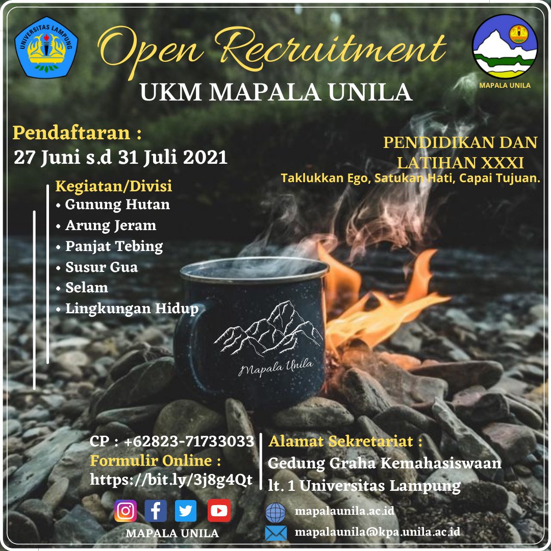 Salam Lestari!
Mapala Universitas Lampung Open Recruitment untuk Angkatan XXXI

Tunggu apalagi? Jangan menunda-nunda, ayo segera daftarkan diri kamu dan bergabunglah bersama Keluarga Besar Mapala Unila.

Isikan biodatamu pada link gform berikut ini :
bit.ly/3j8g4Qt