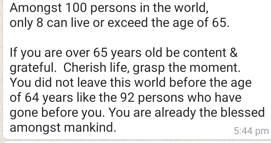 A friend of my vintage shared this. And to others of our vintage, I say that this statistical fact tells us our dominant emotion must be one of gratitude. We’ve already survived past a significant milestone. Much more remains to be done. All charged up for the new week ahead…