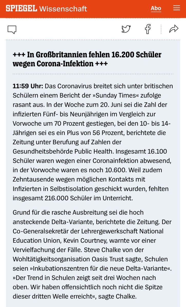 Die #DeltaVariante breitet sich in GB rasant unter Schulkindern aus. Die Folgen: Kinder sind infiziert und in Isolation.

Wollen wir das auch in Deutschland riskieren?

Nein! Wir fordern: Macht endlich die Schulen und Kitas pandemiefest.

#HEPAFilterJETZT