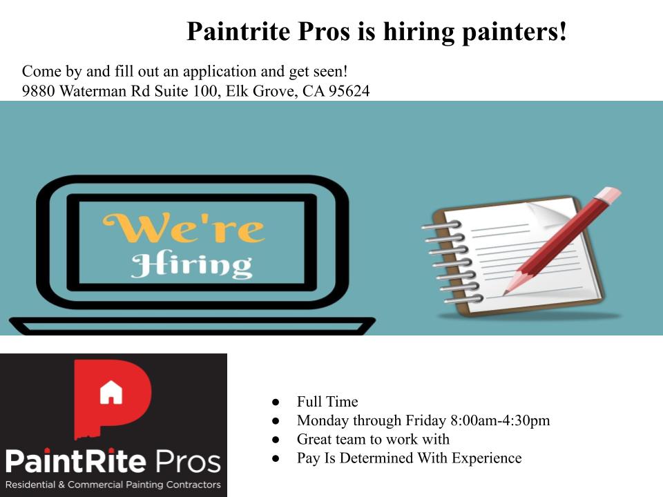 Paintritepros's tweet photo. Paintrite Pros is hiring once again for painters. Come by and fill out an application for us 9880 Waterman Rd. Suite 100 Elk Grove, CA 95624 or call us at 916-667-8050. https://t.co/QuICi1dSoB