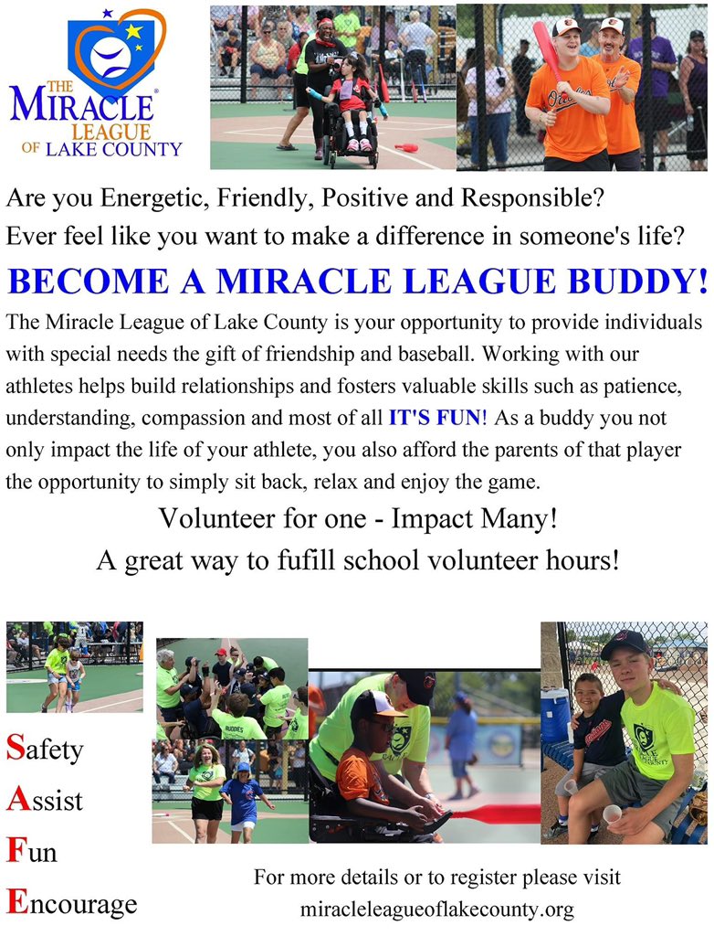 We are still looking for more buddies! Please consider joining this amazing organization. 

Students - this is the perfect opportunity to earn service hours!! 

miracleleagueoflakecounty.org