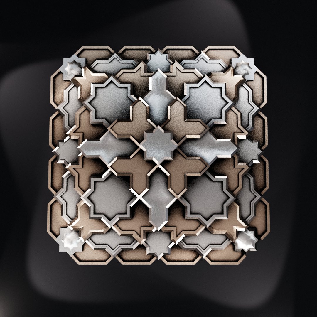 Alc_ve's tweet photo. Same pattern as the two previous posts, stacking the tiles like a pyramid.

Inspiration: @bazfurnell

#3dart #3drender #abstractgeometricart #b3d #blender #blender3d #conceptart #cyclesrender #geometricart #islamicart #islamicgeometricart #zellige #zellij https://t.co/m0SPGF1Kkv