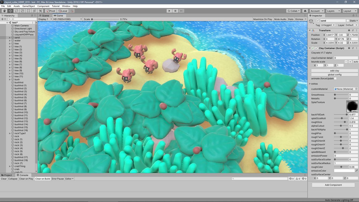 I thought I was done porting the new stuff to HDRP but the culler is broken😓
Anyway, at least I made a cute Sunday test scene.
#clayxels