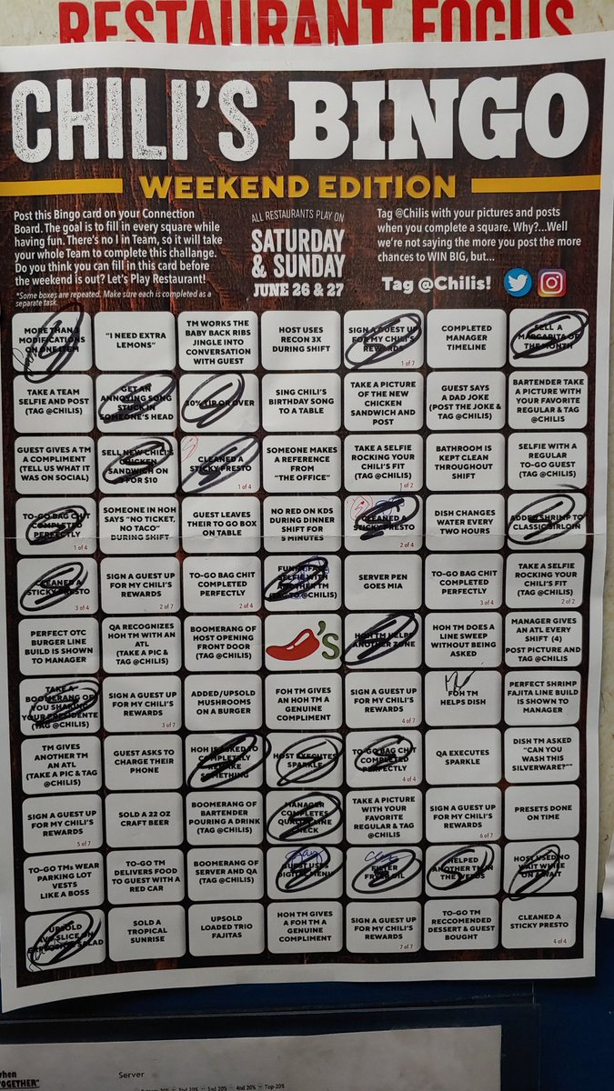 SuperStone17's tweet photo. Chili"s Bingo day 2!! Can we finish it?! #TeamBellevue @Chilis @jacksextonchili @neufeldjosh1 https://t.co/ejrfK6s1a0