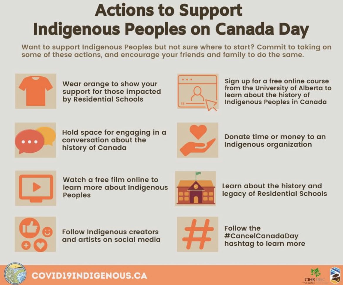 ChiefRoseAnne's tweet photo. How you can support #Indigenous people on #CanadaDay2021 #WearOrange Learn about our true shared history. Follow the #CancelCanadaDay hashtag to learn more. Meegwetch https://t.co/rV1s4h61cn for this great graphic! https://t.co/iWMULyoqdg