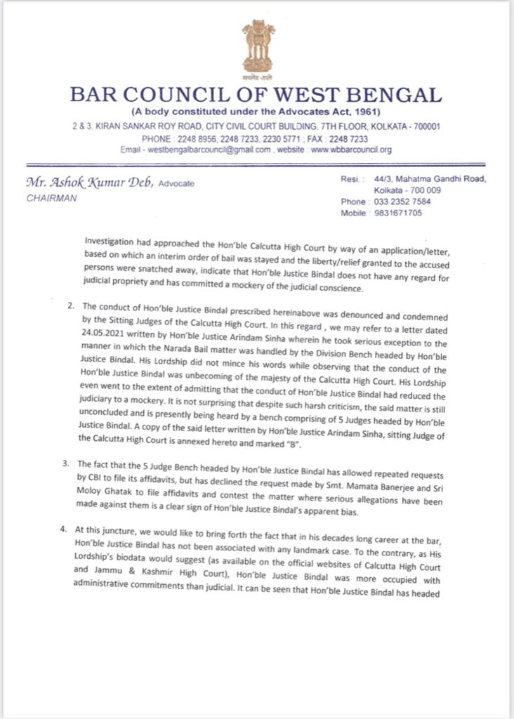 amitmalviya's tweet photo. Just because Calcutta High Court is holding the Mamata Banerjee administration to account for the post poll violence, the CM is using Ashok Kumar Deb, TMC MLA from Budge Budge, under the garb of Bar Council to seek removal of acting Chief Justice. Bid to browbeat judiciary? 1/2 https://t.co/FY1tF9fMEU