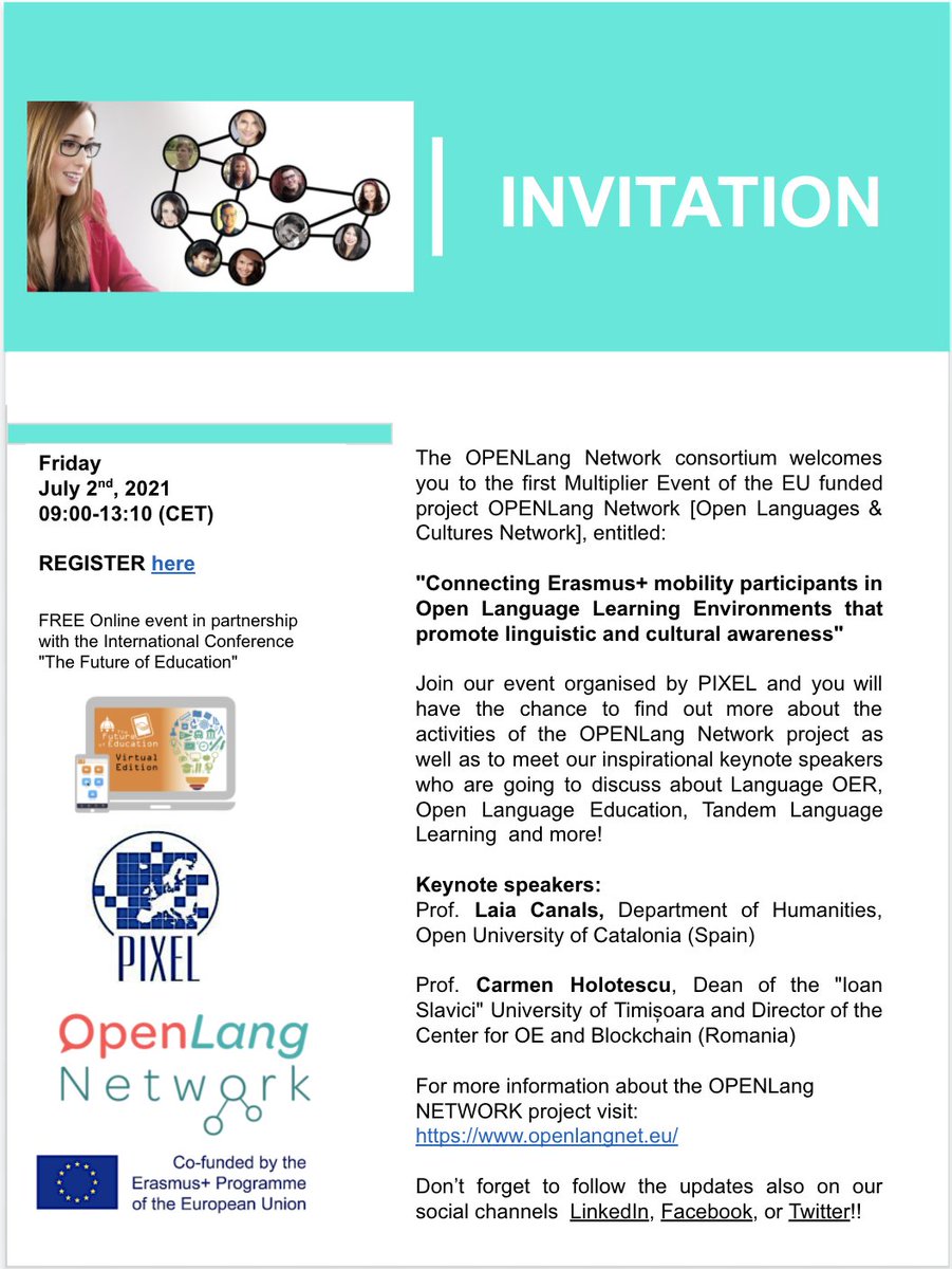 OPENLangNET's tweet photo. Join us at the 1st #OPENLangNetwork Multiplier Event!!
DATE: Friday, 2nd July 2021!!
TIME: 09:00-13:10 CET
WHERE: ONLINE
FREE ACCESS!!
REGISTER here: https://t.co/cQiHrKUvVl
Check our programme!!
#languagelearning #langOER #ERASMUS+ #EVENT #languagenetwork https://t.co/1xergX90iM