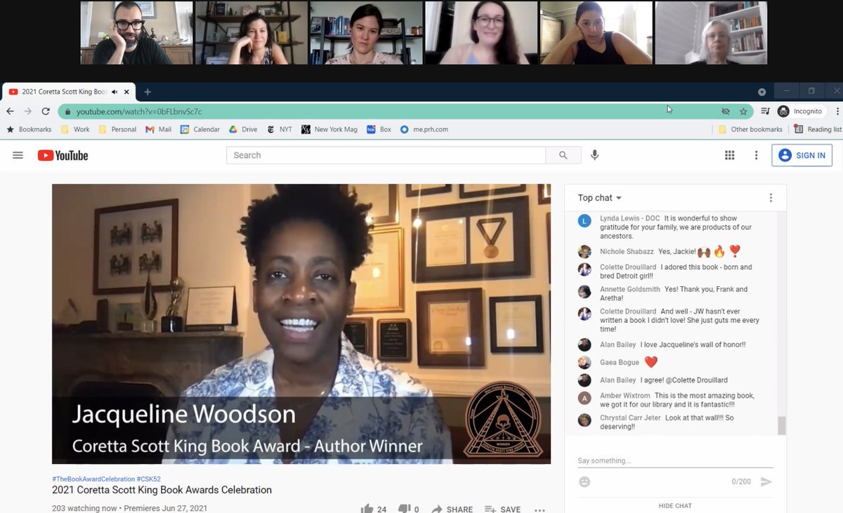 PenguinClass's tweet photo. Our hearts are full! ❤️❤️❤️
@JackieWoodson giving her speech for the Coretta Scott King Award for BEFORE THE EVER AFTER! Congrats!!!! #ALAAC21 #ALAYMA #CSK52 #TheBookAwardCelebration @BC_ALA https://t.co/eJ7B9qfcE9
