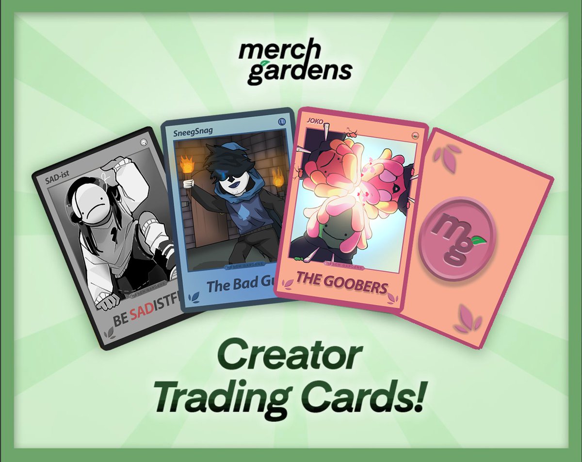MerchGardens's tweet image. Announcing our 2nd set of Creator Trading Cards! 

- High-quality, gloss-coated trading cards.
- Cards will be included with the creator's merch for FREE in every order.*
- GIVEAWAY: 50 three card sets randomly to 50 people who RT and follow us!
