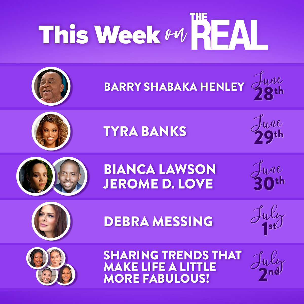 TheRealDaytime's tweet photo. “Queen Sugar” star @BiancaLawson and @TyraBanks are here this week and @DebraMessing and actor @BarryShabakaHen drop by to discuss their new projects! Plus, we’re honoring author and motivational speaker @JeromeDLove! https://t.co/Q3rvjDZ4jk