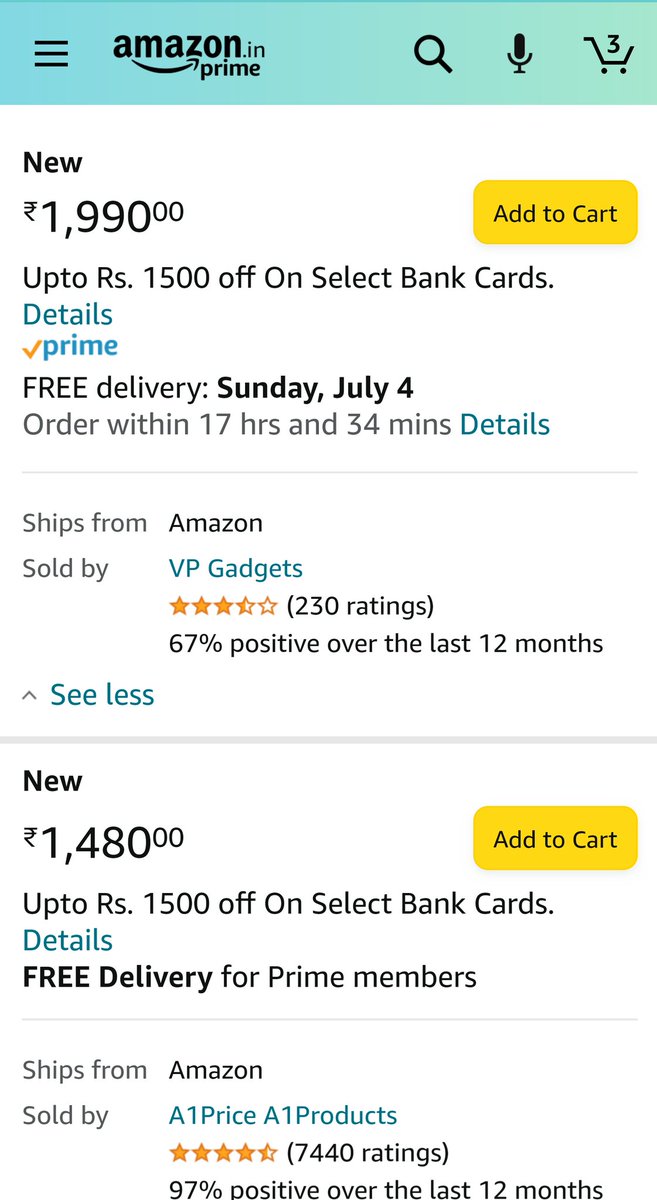 siva2886's tweet photo. @amazonIN, I was checking out a product. One seller, with lesser ratings, is selling it at 1,990 and another seller with wonderful ratings is selling it at 1,480.
When I am trying to add the 1,480 one to the cart, it's failing to add. But 1,990 is getting added. Why this? https://t.co/8zo9RAhWDU