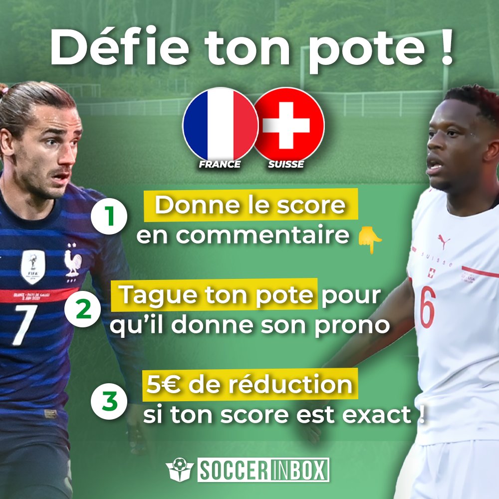 SoccerInBox's tweet image. 🤩 DIRECTION LES 1/4 DE FINALES POUR LES BLEUS ?! 🇫🇷 #EURO2020 

Petit défi entre potes, histoire de mettre un peu d’enjeu avant ce #FRA - #SWI ! 👀

✅ 1 CODE PROMO de 5€ si tu trouves le score exact. 😉

À vos pronos ! 👇